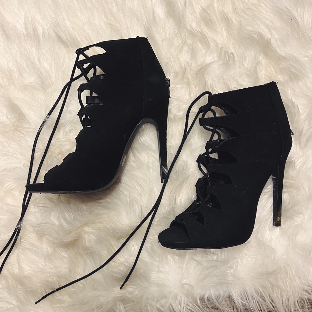 Suede Strappy Lace Up Heels